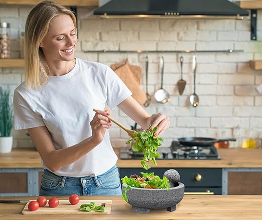 Unpolished Granite Mortar and Pestle - Molcajete Mexican Mortarl,7.8 Inch 4 Cup Manual Stone Grinder,Family Day Salsa,Guacamole,Spice Grinder