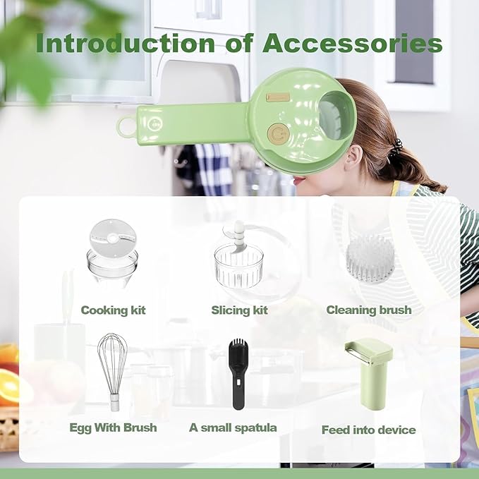 Multi-Functional Portable Wireless Vegetable Chopper - 4-in-1 Electric Food Processor for Chopping, Slicing, Grating & Whipping, with Cleaning Brush and Charging Cable