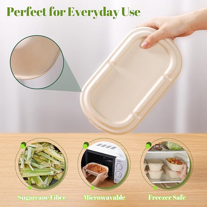 [100% Eco-Friendly] 34 oz Disposable Food Containers with Lids – Sugarcane Pulp Take Out Containers, Biodegradable Lunch Box, Compostable and Microwave Safe To-Go Boxes for Meal Prep – Pack of 50