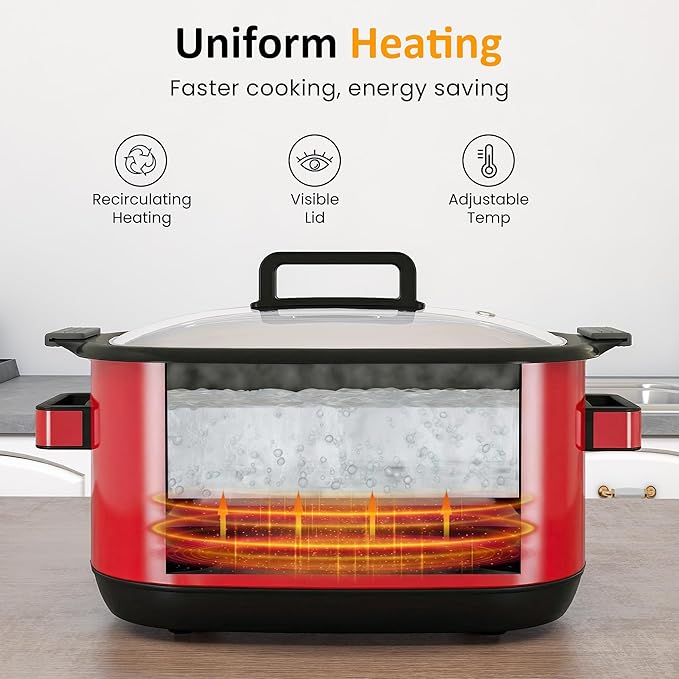 Sunvivi 12-in-1 Multi Slow Cooker Roaster Oven, 6.5QT Sliver Digital Programmable Slow Cooker with Rack, Large Removable Nonstick Crock, Glass Lid, Multicooker with Timer Temp Control, Red