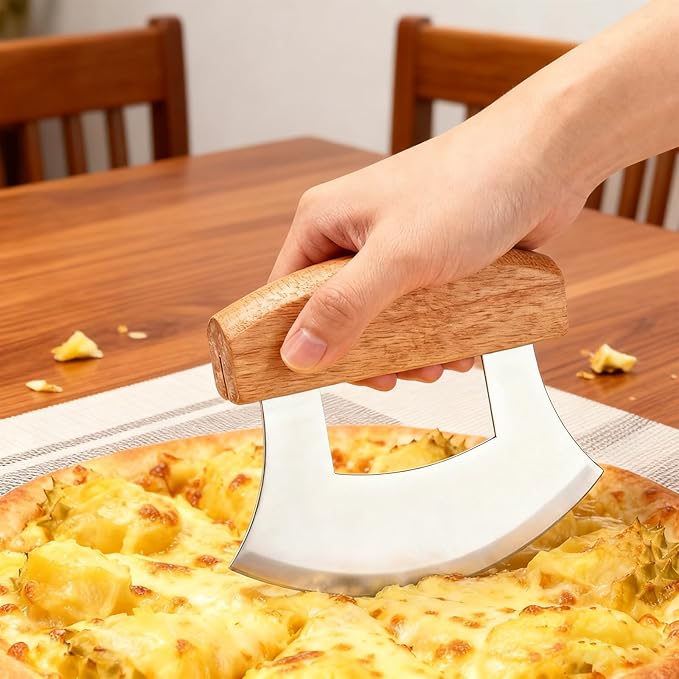 4 PCS Pizza Mezzaluna Ulu Knife, Salad Chopper Rocker Knife Stainless Steel Blade with Wooden Handle for Chopping Vegetable, Fruit