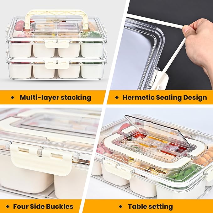 (2Pcs)Divided Serving Tray with Lid,Snackle Box Container with Lid,Snack Box Container with Cutlery Storage,8 Fruit Forks,2Spoons,Fruit Tray,Portable Snack Organizer,8 Compartments snack tray with lid