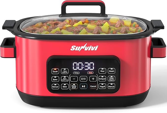 Sunvivi 12-in-1 Multi Slow Cooker Roaster Oven, 6.5QT Sliver Digital Programmable Slow Cooker with Rack, Large Removable Nonstick Crock, Glass Lid, Multicooker with Timer Temp Control, Red