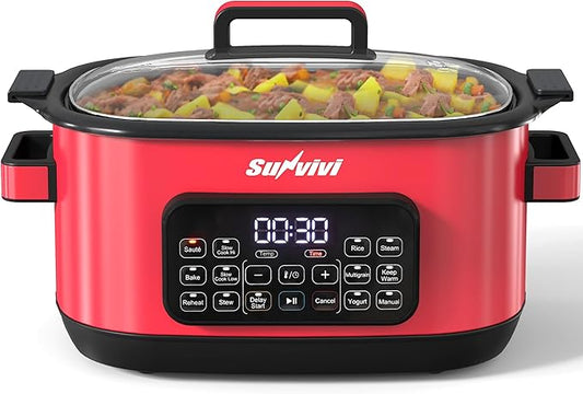 Sunvivi 12-in-1 Multi Slow Cooker Roaster Oven, 6.5QT Sliver Digital Programmable Slow Cooker with Rack, Large Removable Nonstick Crock, Glass Lid, Multicooker with Timer Temp Control, Red