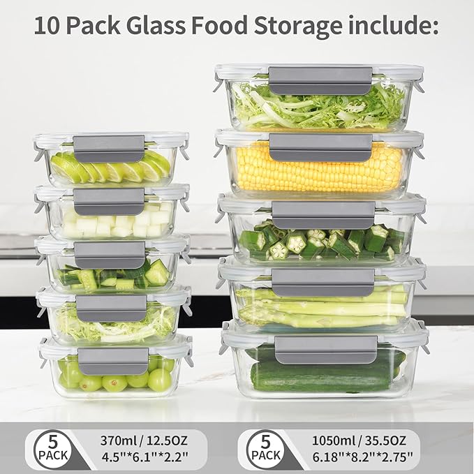 10 Pack Glass Meal Prep Containers, Glass Food Storage Containers with Lids Airtight, Storage Container Set with Lid for Food, Bpa-free, Leak-proof, Microwave Oven Freezer Dishwasher Safe