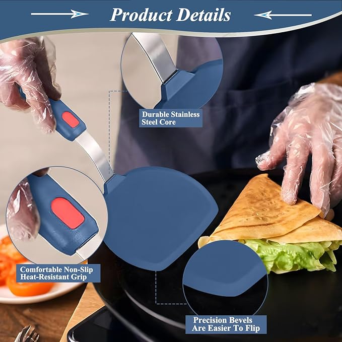 Silicone Spatula,Heat Resistant Kitchen Utensils for Nonstick Cookware, Spatulas Turner with Seamless Thin Edges for Pancakes, Eggs, Fish (Half-Round blue)