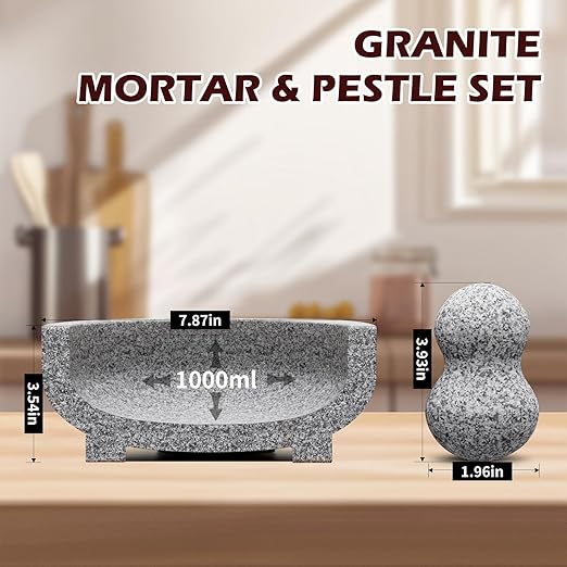 Unpolished Granite Mortar and Pestle - Molcajete Mexican Mortarl,7.8 Inch 4 Cup Manual Stone Grinder,Family Day Salsa,Guacamole,Spice Grinder