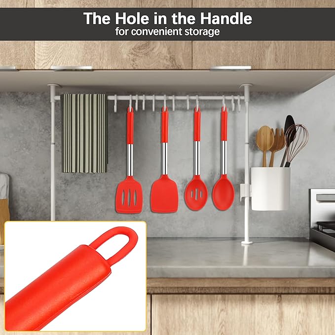 Silicone Spatula Spoon Set, 4 PCS Silicone Cooking Utensils Spatula Spoon Set with Stainless Steel Handle, BPA Free Kitchen Turners for Frying, Mixing, Serving, Draining, Turning, Stirring, Red