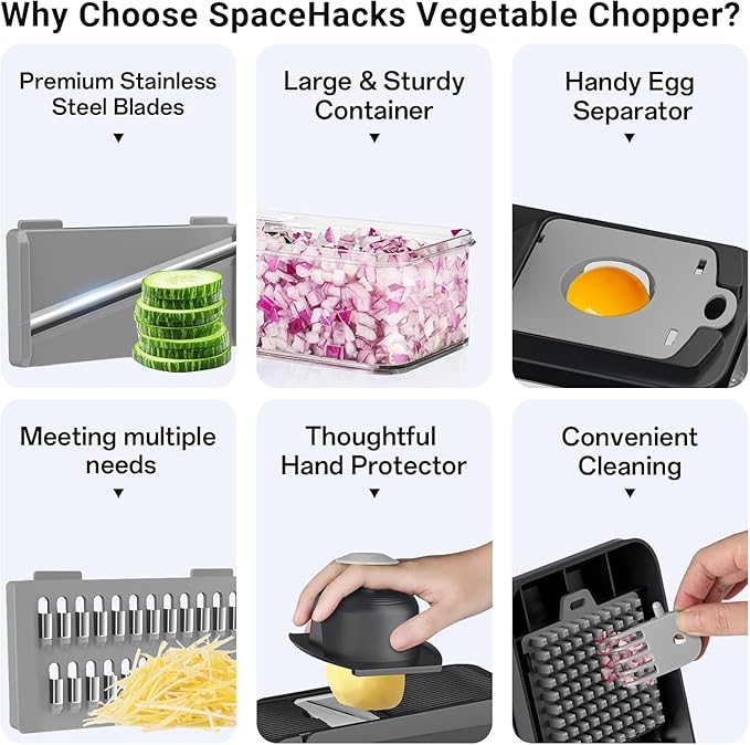 15-in-1 Vegetable Chopper, Kitchen Gadgets with 10 Blades, Veggie, Food, Onion Chopper, Cucumber Slicer, Versatile Mandoline, Includes Egg Separator & Finger Guard, Gray
