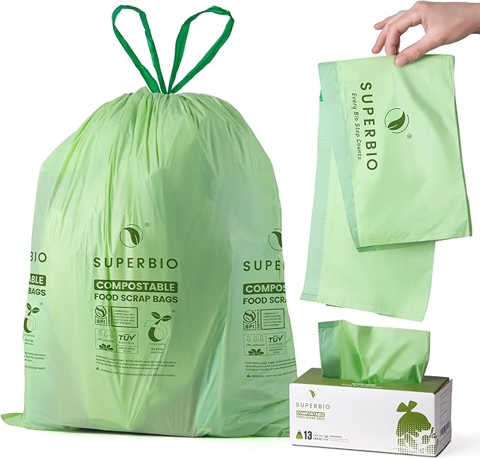 SUPERBIO 13 Gallon Compostable Drawstring Kitchen Waste Bag, 49.2 Liter, 30 Count,1 Mil, Heavy Duty Food Scrap Bags, BPI, Seedling and OK compost INDUSTRIAL