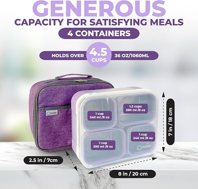 kinsho Stainless Steel Bento Lunch Box Set for Adults, Kids - Insulated Bag and Ice Pack - Leak-Proof Metal Compartment Meal Prep Food & Snack Containers for Work Travel School Daycare, 36 oz Purple