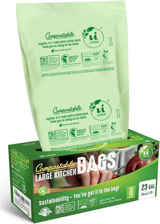 UNNI Compostable Trash Bags, 20-23 Gallon / 87 Liter, 30 Count, Extra Thick 1.0 mil Large Bin Liners for Food Scrap, BPI, CMA & OK compost HOME Certified, Meets ASTM D6400