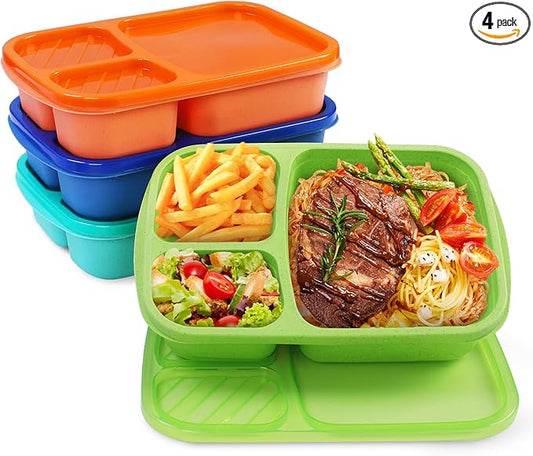 4 Pack Bento Lunch Box Set 3 Compartment Wheat Straw Meal Prep Food Storage Containers Plastic, Microwave and Dishwasher Safe（Jewel Brights）