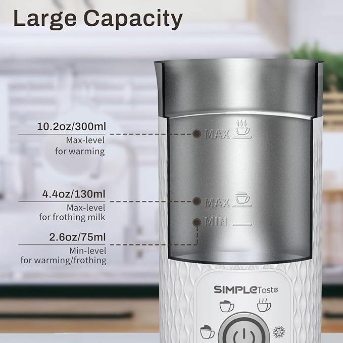 SIMPLETASTE Milk Frother, 4-in-1 Electric Milk Steamer, Automatic Warm and Cold Foam Maker and Milk Warmer for Latte, Cappuccinos, Macchiato, Hot Chocolate