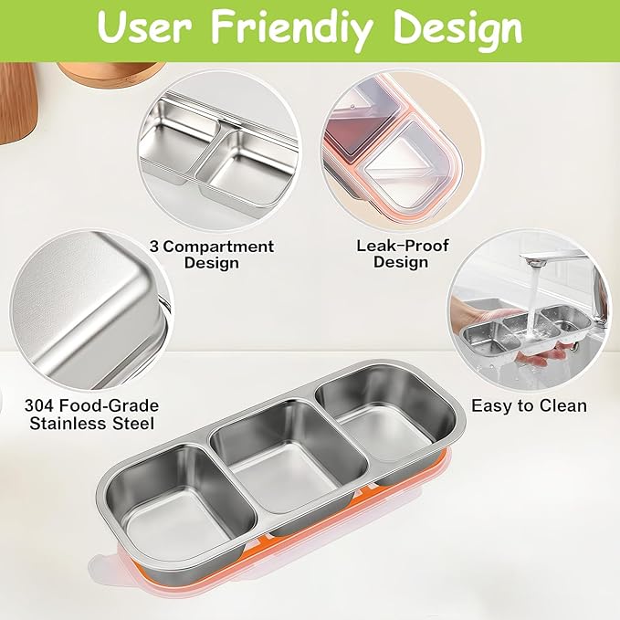 3 Pack Bento Box, Stainless Steel Snack Containers With Lids, Leak Proof Metal Lunch Box with 3 Compartments, Stackable Food Storage Container for Work, Travel, Dishwasher Safe