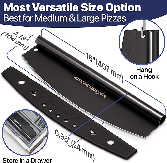 KitchenStar 16-Inch Pizza Cutter Rocker Blade - Sharp Stainless Steel Slicer Knife, Protective Cover, Black, Large - Professional Pizza Oven Accessories