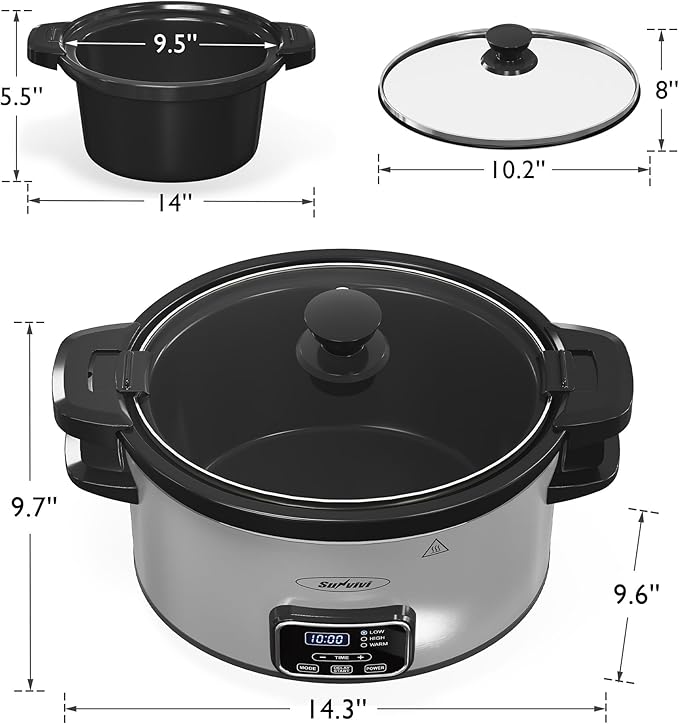 Sunvivi 4qt Slow Cooker, Programmable Slow Cooker with Locking Lid, Removable Ceramic Pot, 3 Heating Settings & Time Control, Mini Food Warmer with Dishwasher-safe Lid & Pot, Silver