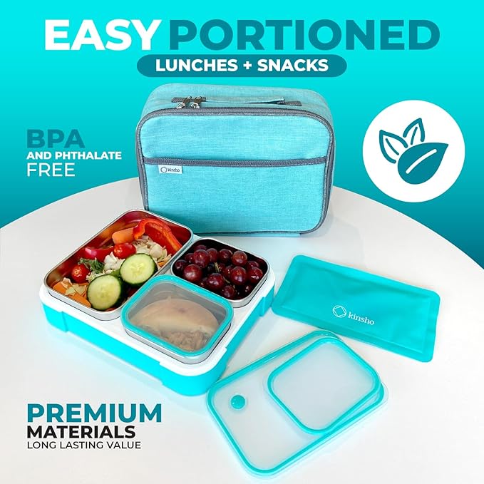 Stainless Steel Bento Lunch Box Set for Adults, Kids - Insulated Bag and Ice Pack - Leak-Proof Metal Compartment Meal Prep Food & Snack Containers for Work Travel School Daycare, 42 oz Teal Blue