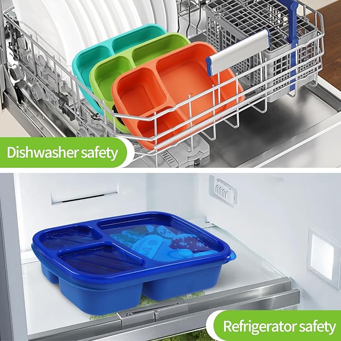 4 Pack Bento Lunch Box Set 3 Compartment Wheat Straw Meal Prep Food Storage Containers Plastic, Microwave and Dishwasher Safe（Jewel Brights）