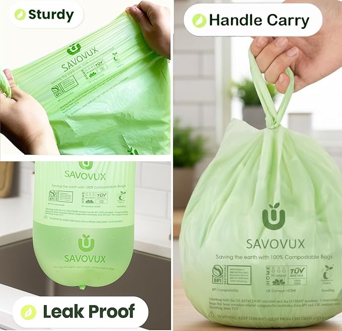 Small Compost Bags 2.6 Gallon with Handles,0.71 Mil Extra Thick Kitchen Food Scrap Bags,Compostable Trash Bags mini Certified by BPI &Europe OK Compost, 9.84L