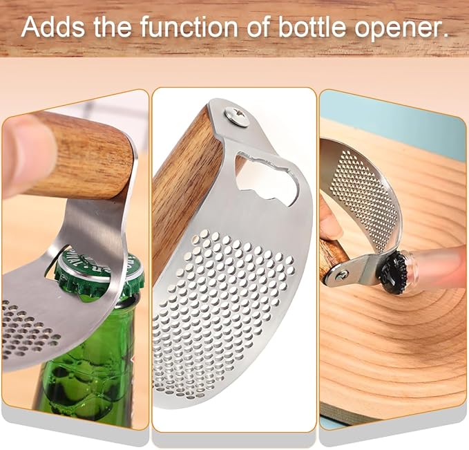 Garlic Press Rocker Stainless Steel Ginger Crusher, Garlic Mincer and Squeezer Kitchen Gadget with Ergonomic handle, Silicone Tube Garlic Peeler, Scraper and Cleaning Brush Tool Set