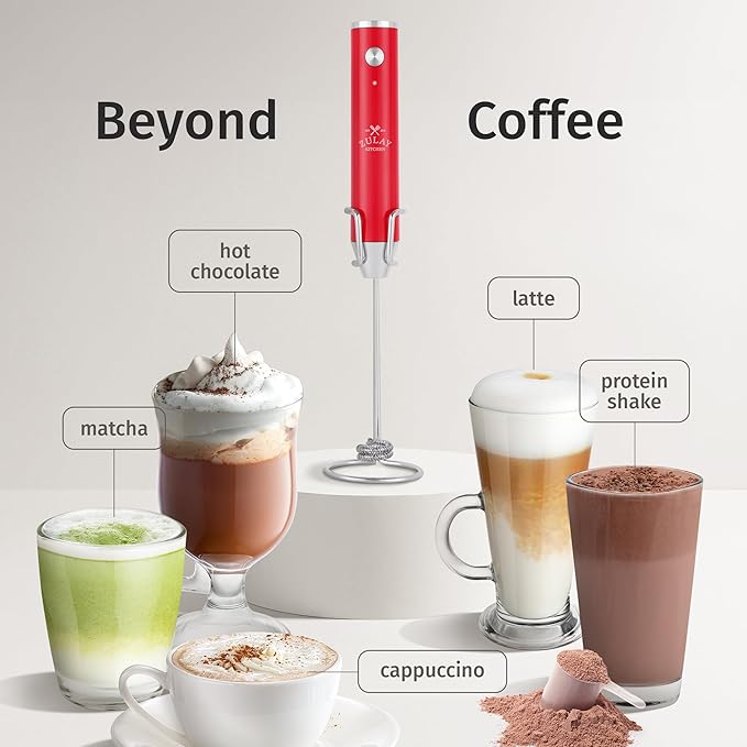 Zulay Kitchen Rechargeable Milk Frother Handheld Lux - Powerful 2-Speed Motor, Waterproof, 2000mAh Battery - Drink Mixer for Latte, Cappuccino, Matcha & Protein Powder - Scarlet