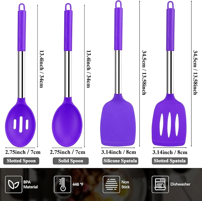 Silicone Spatula Spoon Set, 4 PCS Silicone Cooking Utensils Spatula Spoon Set with Stainless Steel Handle, BPA Free Kitchen Turners for Frying, Mixing, Serving, Draining, Turning, Stirring, Purple