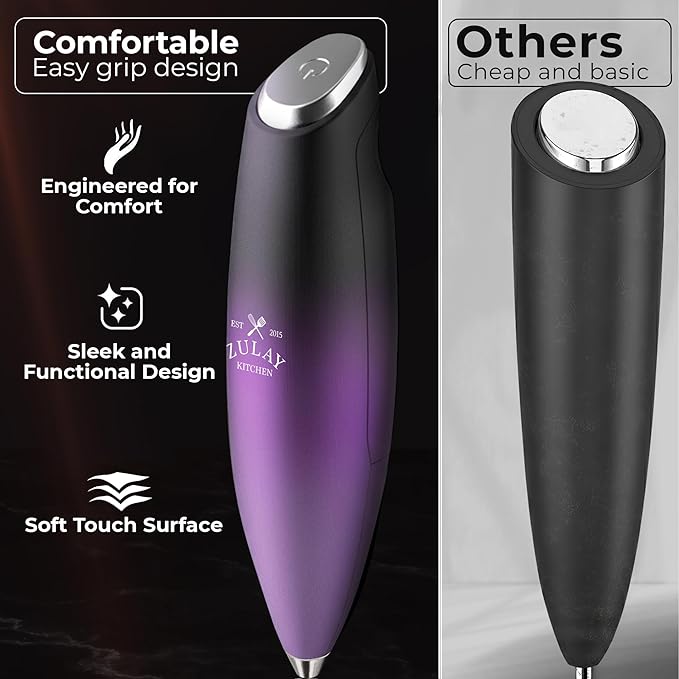 Zulay Kitchen Patented Tornado Triple Whisk Milk Frother with 4 Duracell Batteries – Handheld Foam Maker for Coffee, Lattes, Matcha & Hot Chocolate – Rich, Creamy Froth in Seconds