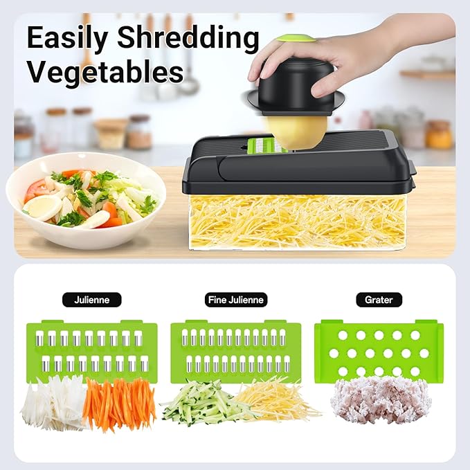 15-in-1 Vegetable Chopper, Kitchen Gadgets with 10 Blades, Veggie, Food, Onion Chopper, Cucumber Slicer, Versatile Mandoline, Includes Egg Separator & Finger Guard, Green
