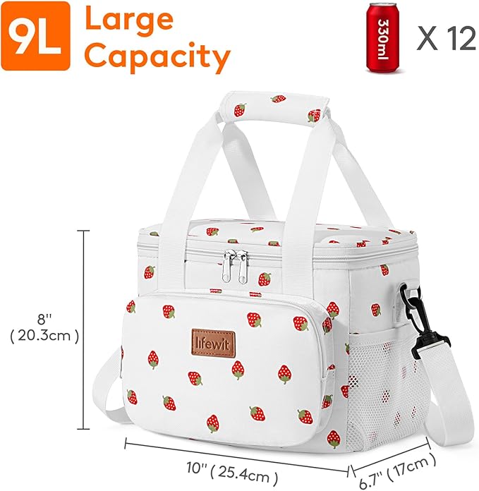 Lifewit Medium Lunch Bag Insulated Lunch Box Soft Cooler Cooling Tote for Adult Men Women, Strawberry 12-Can (9L)