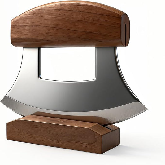 Ulu Knife, Sharp Rocker Mezzaluna Knife with Wooden Stand for Salad, Vegetables, Pizza Cutter Rocker, Mezzaluna Chopper, Super Sharp Blade, Small