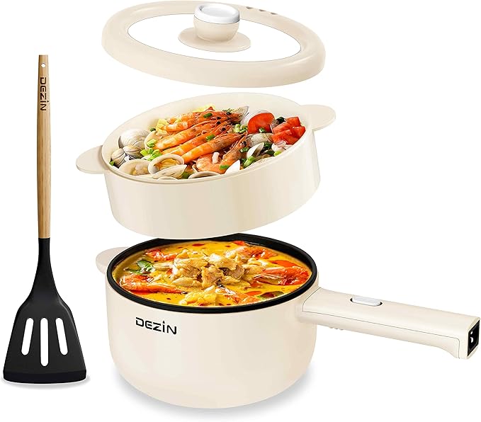 Dezin Electric Cooker, 2L Non-Stick Sauté Pan, Rapid Noodles Cooker, Mini Pot for Steak, Egg, Fried Rice, Ramen, Oatmeal, Soup with Power Adjustment, College Dorm Room Essential(Egg Rack Included)