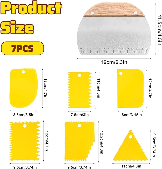 7pcs Bowl Scrapers for Bread - Dough Scraper Set, Bench Scrapers, Doughs Cutter - Yellow & Wood, Stainless Steel & Plastic