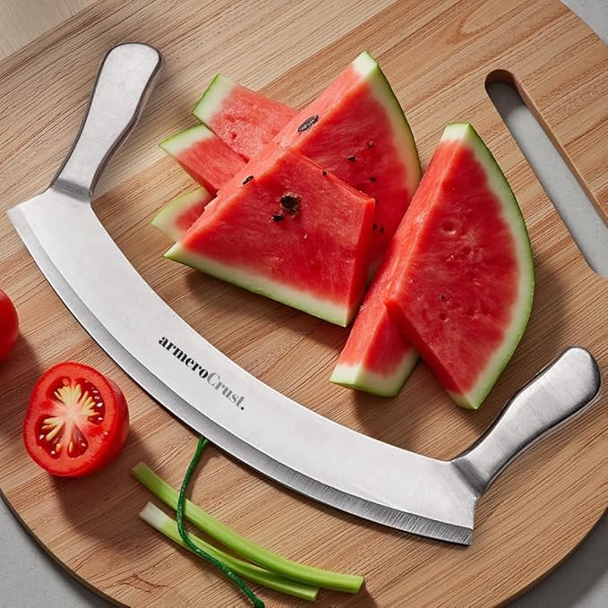 Mezzaluna Knife with Double Handle for Extra Stability - 12 Inches - Pizza Rocker for Precise Slicing of Thick Crust - Grade 18/0 Stainless Steel with Premium Finish