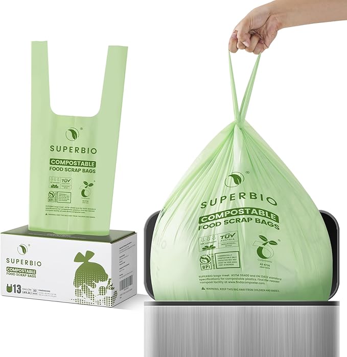SUPERBIO 13 Gallon Handle Tie Compostable Food Waste Bags, 30 Count, 2 Pack, ASTM D6400, BPI and OK compost INDUSTRIAL, 49.2L, 0.87 Mil