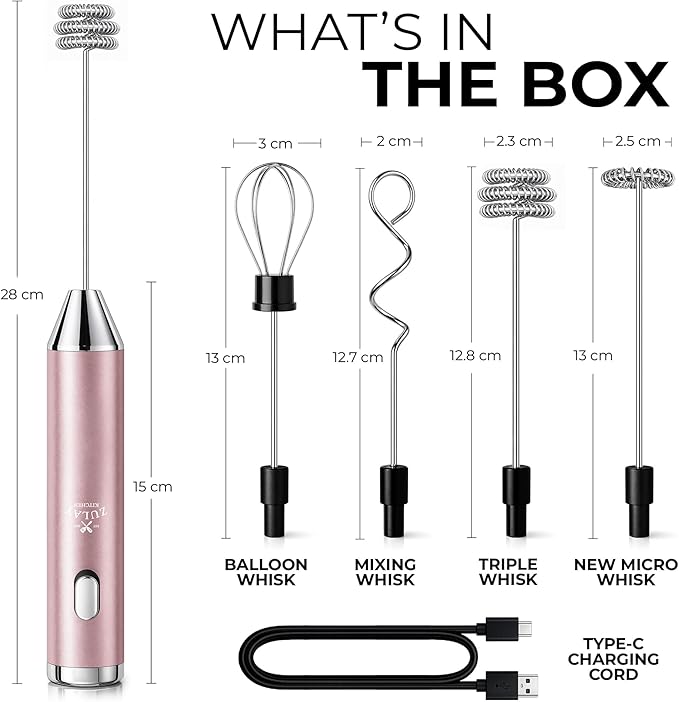 Zulay Kitchen Metal Rechargeable Milk Frother, 3 Whisk Attachments Handheld Frother Wand, 1800mAh USB-C Charging, Electric Drink Mixer for Protein, Matcha & Powders - One Charge Lasts up to 6 Months