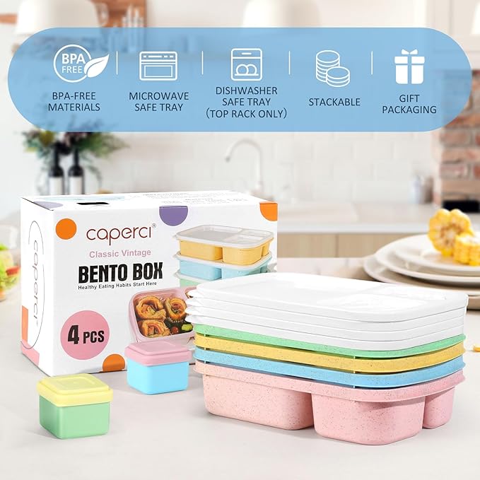 Caperci Bento Lunch Box Containers for Adults & Kids - 3-Compartment Reusable Meal Prep Containers with 2 Sauce Containers for School, Work, Travel, Wheat Straw, 4-Pack (Vintage Colors)