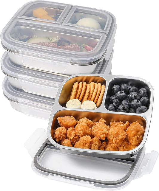 4 Pack Stainless Steel Snack Containers with Lids 3 Compartment Snackle Box Container Lunch Box for Adults Meal Prep Bento Box Containers Reusable Work (4, Gray, 600ml)