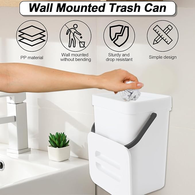 Compost Bin Kitchen, Includes 100 Trash Bags, Hanging Trash Can with Lid, Features Pet-Proof, Odor-Proof, and Quiet Opening/Closing. Suitable for Bathrooms/Bedrooms/Offices (White, 0.8Gal/3L)