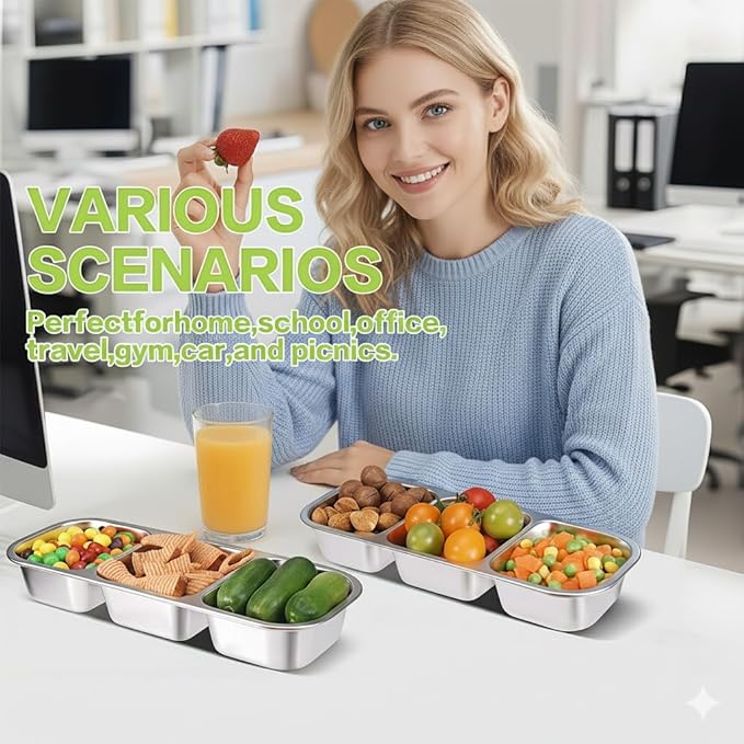 3 Pack Bento Box, Stainless Steel Snack Containers With Lids, Leak Proof Metal Lunch Box with 3 Compartments, Stackable Food Storage Container for Work, Travel, Dishwasher Safe