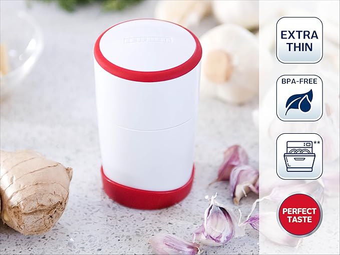 Leifheit Gourmet Garlic Slicer, Stainless Steel Blades, ABS Plastic Body, Twist-to-Slice Design, Safe for Garlic, Ginger, Cheese, Chocolate, Dishwasher Safe, German Quality, White/Red