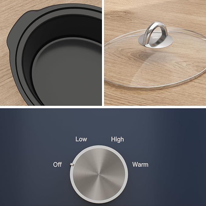 Sunvivi 3 Quart Slow Cooker & Mini Food Warmer with 3 Heating Settings, Removable Ceramic Pot, Dishwasher Safe Glass Lid, Stainless Steel, Blue