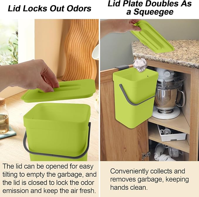 Compost Bin Kitchen, Includes 100 Trash Bags, Hanging Trash Can with Lid, Features Pet-Proof, Odor-Proof, and Quiet Opening/Closing. Suitable for Bathrooms/Bedrooms/Offices (Green, 1.3Gal/5L)