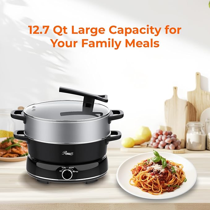 Rosewill 12.7 QT Electric Hot Pot Slow Cooker with Multiple Functions, Split Design with 11.8 inch Wider Cooking Pot and SUS Steam Basket, 1600W High Power, Includes Utensils - Black