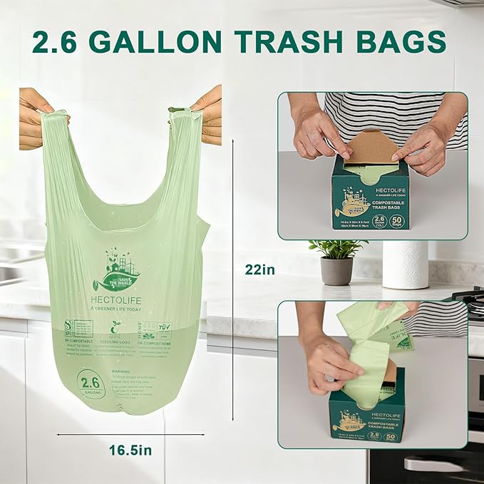 2.6 Gallon 100 Count,Compostable Bags Handle Tie,Tear Resistant Kitchen Food Scrap Waste Bag, ASTM D6400, US BPI and Europe OK Compost Home Certified