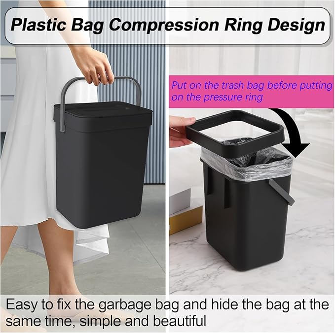 Compost Bin Kitchen, Includes 100 Trash Bags, Hanging Trash Can with Lid, Features Pet-Proof, Odor-Proof, and Quiet Opening/Closing. Suitable for Bathrooms/Bedrooms/Offices (Black, 1.3Gal/5L)