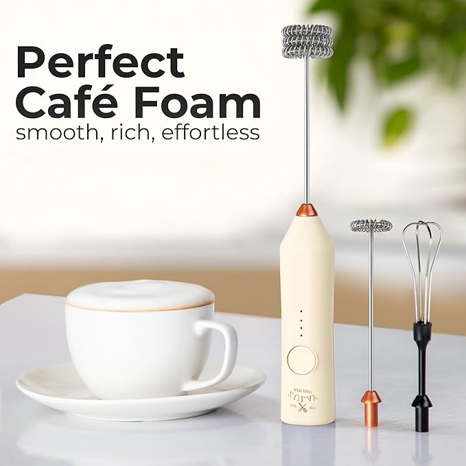 Zulay Kitchen Rechargeable Milk Frother - Dynamic - 3 Speeds, 3 Whisk Attachments, 500 mAh USB Charging, Drink Mixer For Latte, Cappuccino, Matcha, Protein Powder, Coffee Foam - Cream Copper