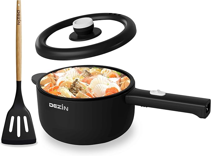 Dezin Hot Pot Electric, 2L Non-Stick Sauté Pan, Rapid Noodles Cooker, Mini Portable Pot for Steak, Egg, Fried Rice, Ramen, Oatmeal, Soup with Power Adjustment & Spatula, College Dorm Room Essential