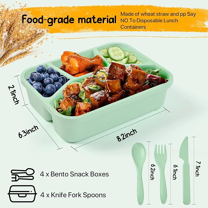 Bento Lunch Box, 4 Compartments Meal Prep Containers, 4 Pack Reusable Snack Containers, Divided Food Storage Container for Adults (Pink Beige Green Blue)