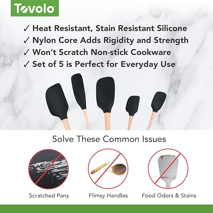 Tovolo Silicone Spatula with Wooden Handle Set of 5 Piece Silicone Kitchen Utensil Set Spoonula Jar Scraper Mini Spatula and Spoonula for Cooking Baking Mixing Folding Black Cookware Set
